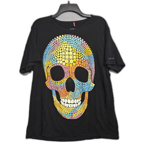 AY GUEY! Sugar Skull Puff Print Viscose T-Shirt XL Heavy Drape Mexican Designer